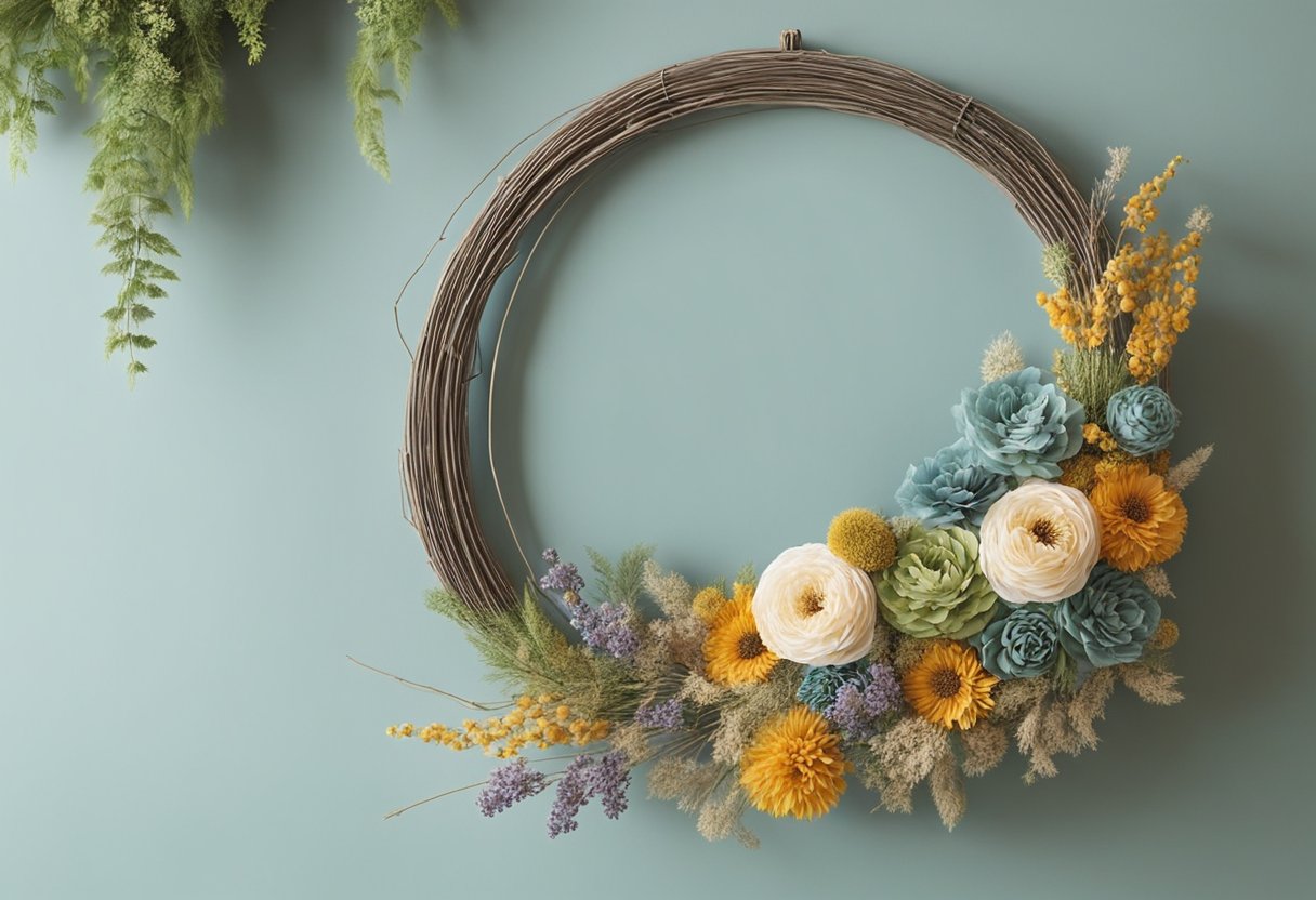Gather dried flowers, a wire wreath frame, and floral wire. Arrange and secure flowers onto the frame, covering it completely. Hang and display the finished wreath