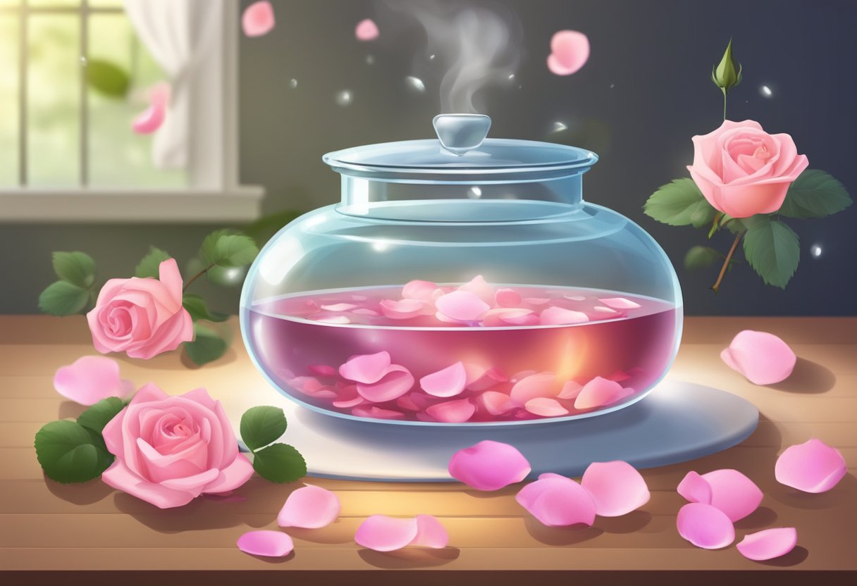A pot simmers with rose petals in water, releasing fragrant steam. A glass jar sits nearby, ready to collect the homemade rose water