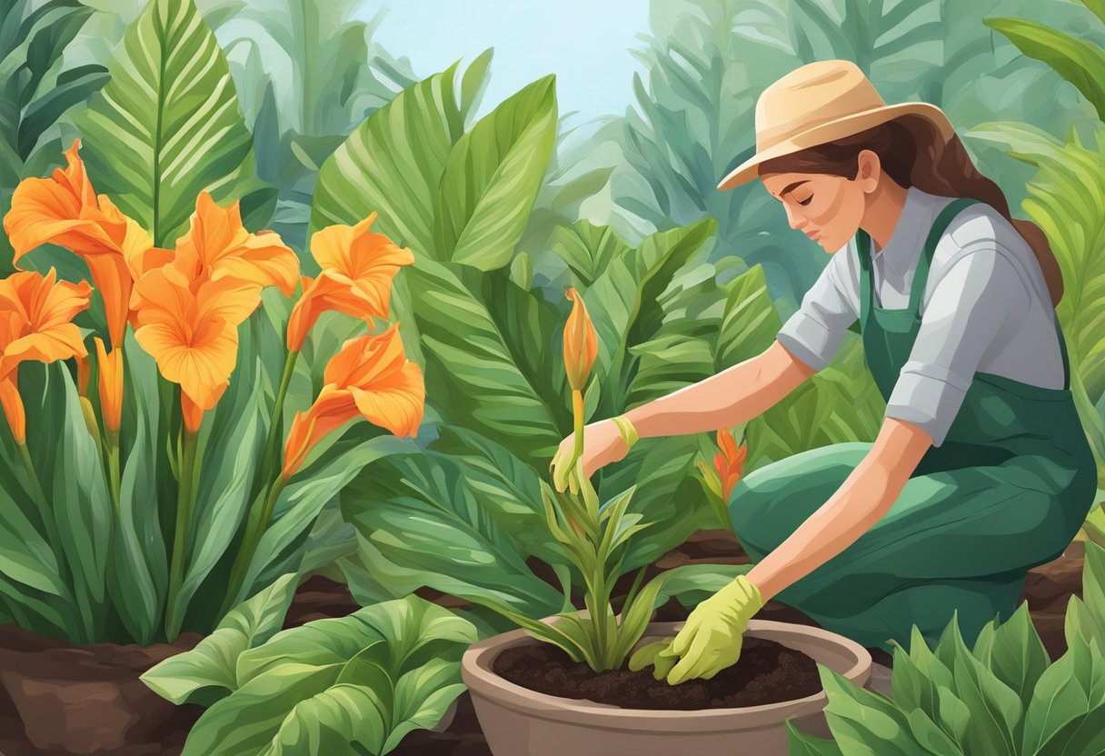 Lush green leaves surround vibrant canna lily flowers. A gardener gently removes dead blooms and checks soil moisture
