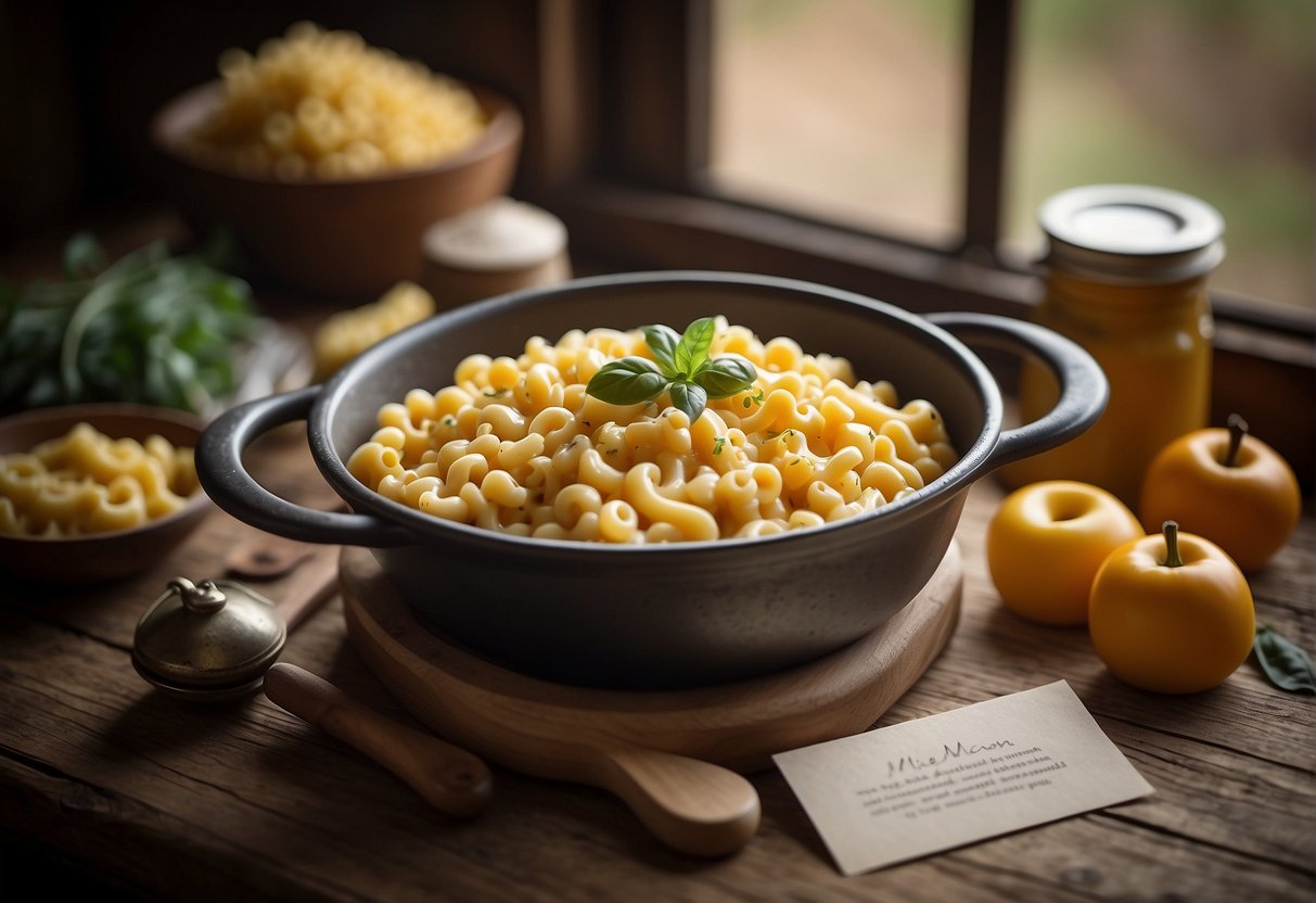 A rustic kitchen with fresh ingredients, a bubbling pot of creamy mac and cheese, and a handwritten recipe card by Mike