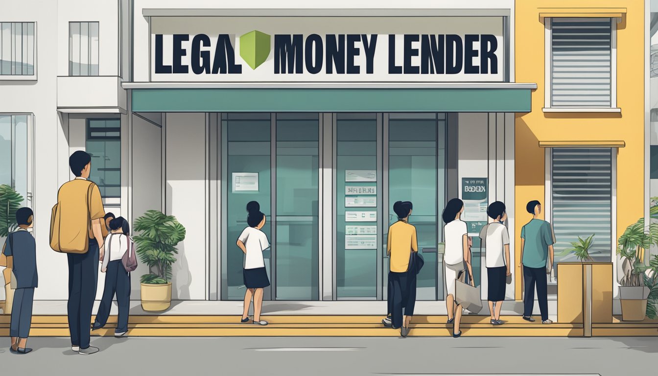 A signboard with "Legal Money Lender" in bold letters, with a queue of people waiting outside an office in Singapore