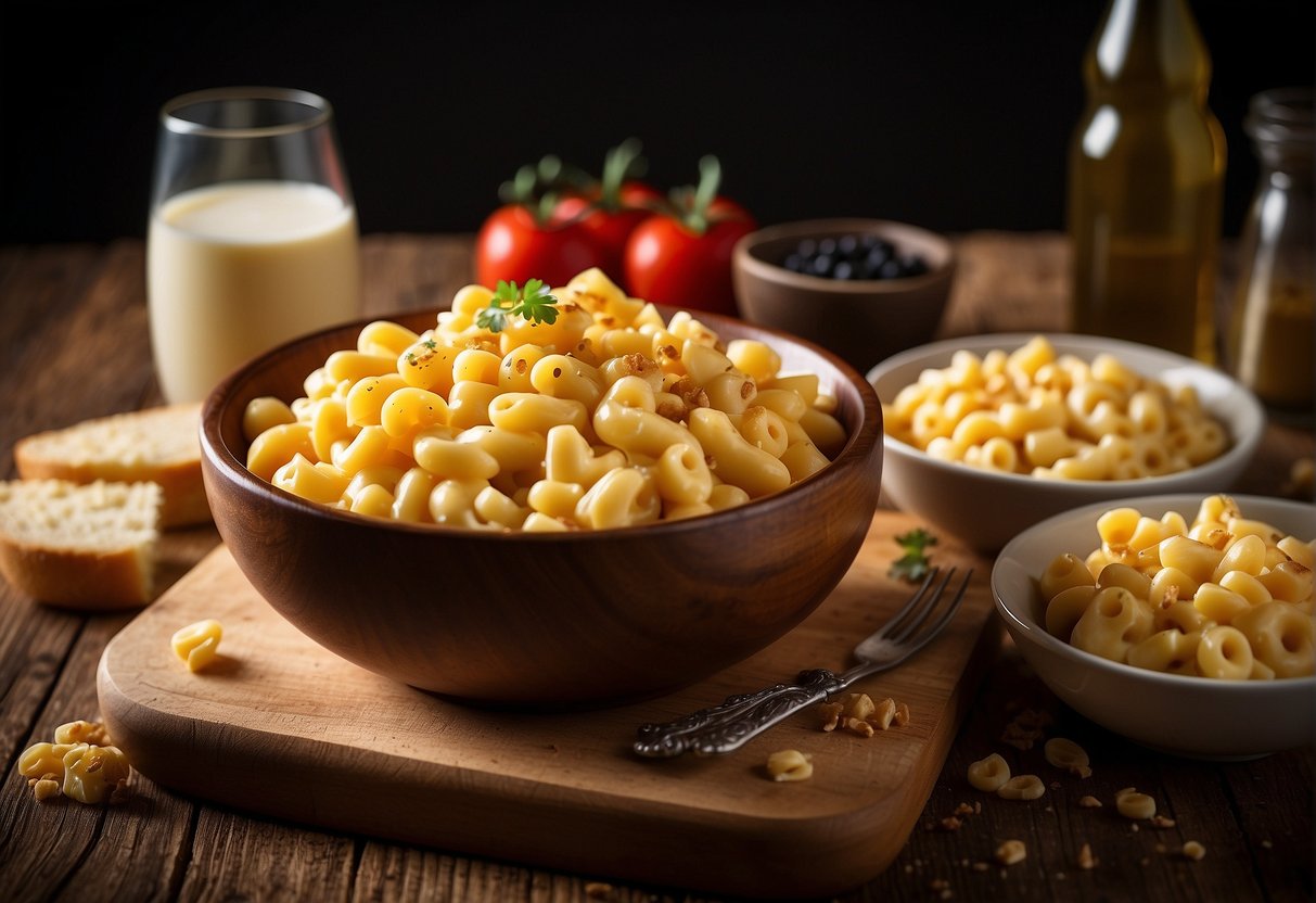 A wooden table holds a bowl of creamy mac and cheese, surrounded by ingredients like cheese, milk, butter, and pasta