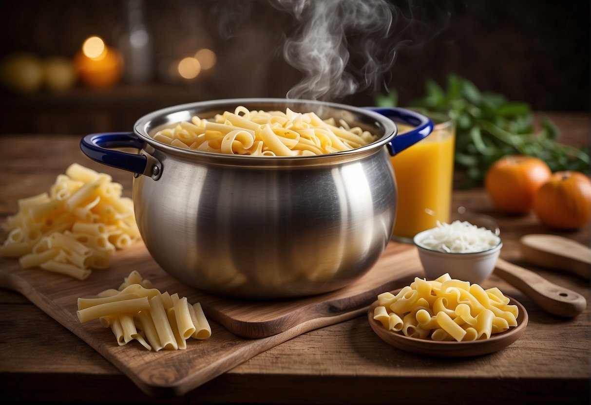 A pot of boiling water with pasta inside, a bowl of shredded cheese, and a measuring cup of milk on a wooden countertop