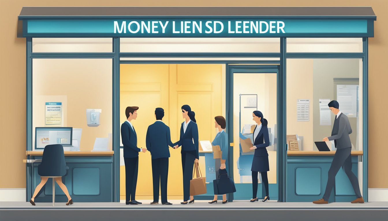 A licensed moneylender's sign displayed prominently, with a queue of people waiting outside the office, and a friendly staff member assisting a customer inside