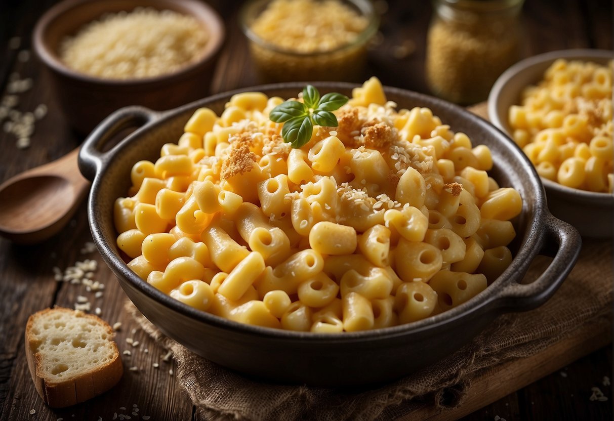 A bubbling pot of creamy mac and cheese sits on a rustic wooden table, surrounded by scattered cheese shreds and a sprinkle of breadcrumbs