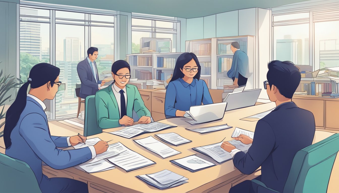 A legalised money lender in Singapore offers various types of loans. The lender's office is filled with people discussing loan options and filling out paperwork
