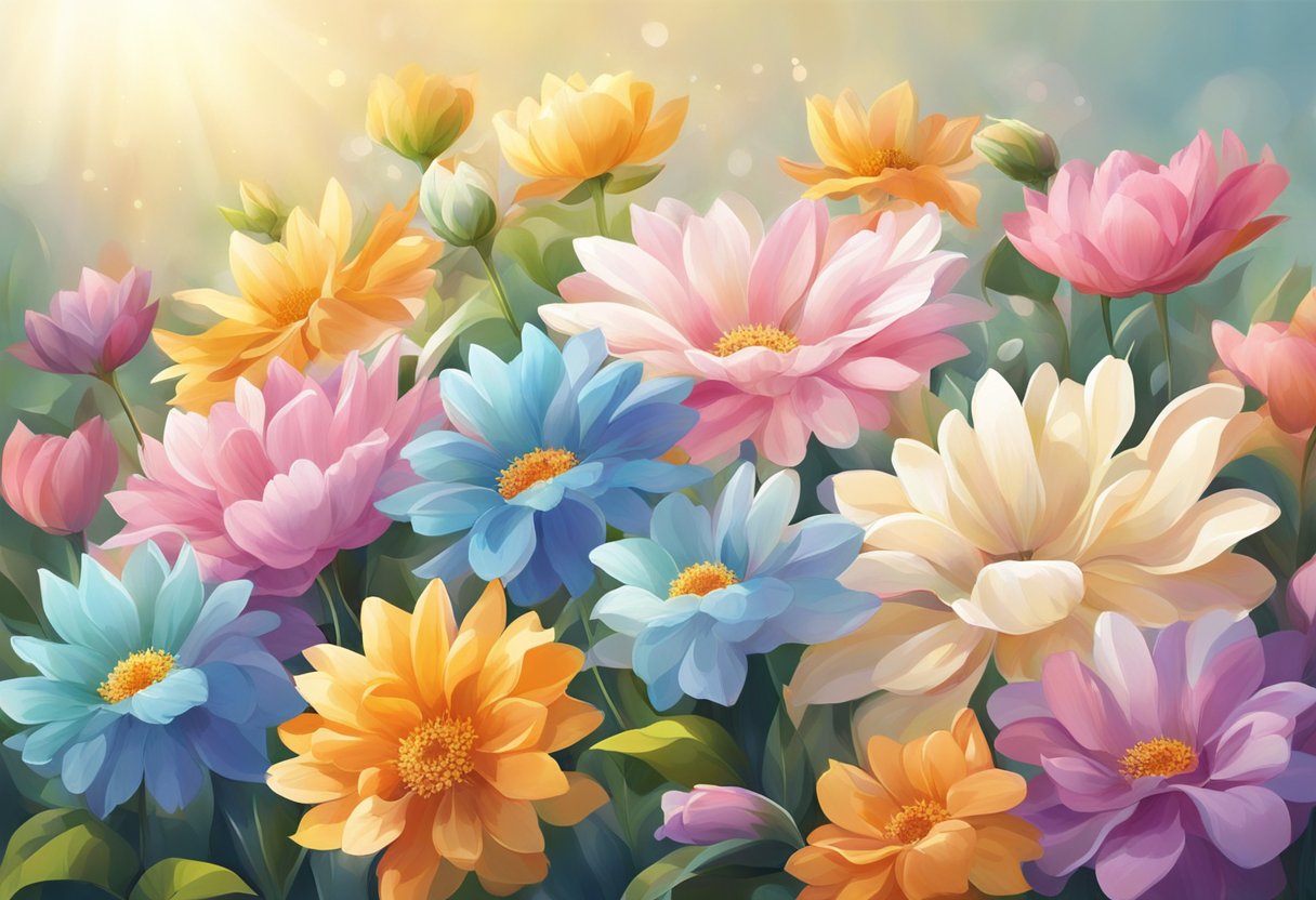 Colorful flowers burst open, unfurling delicate petals in the warm sunlight