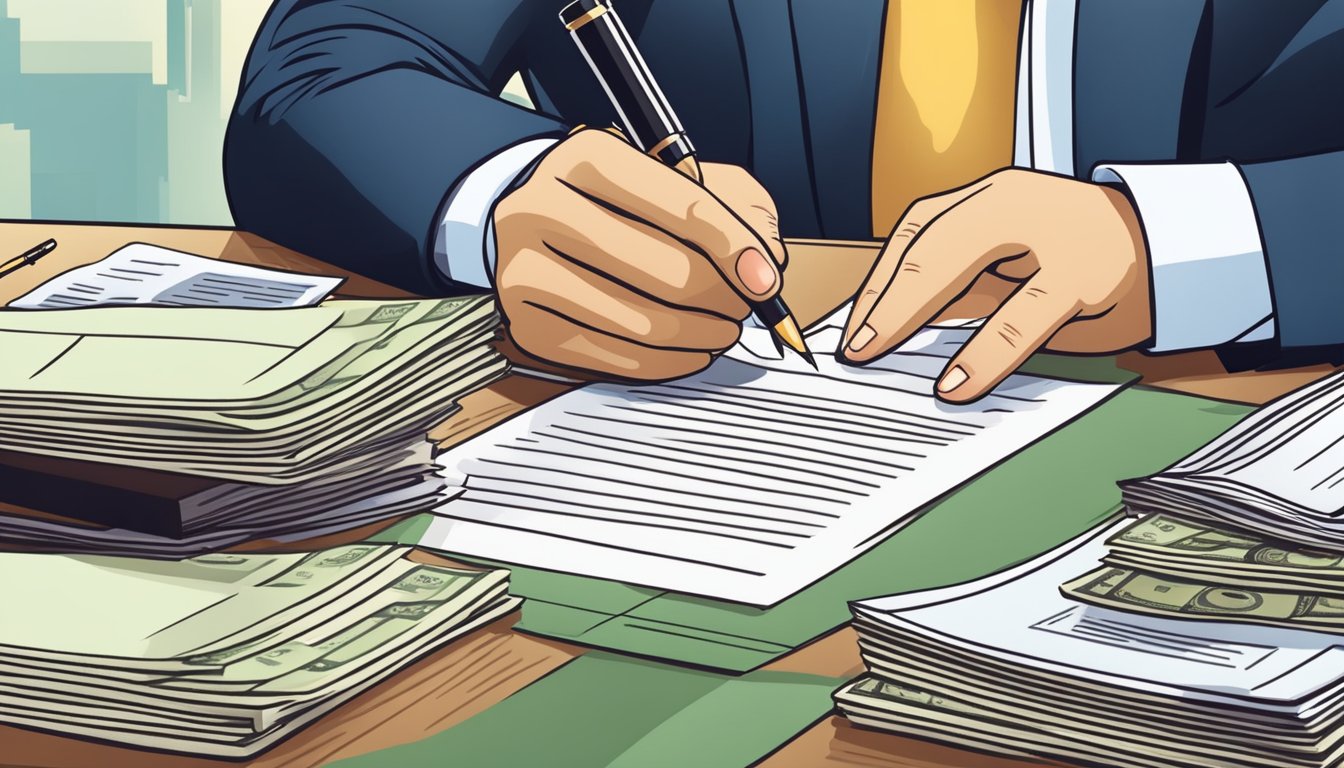 A person signing a legal document with a stack of money and financial documents on the table