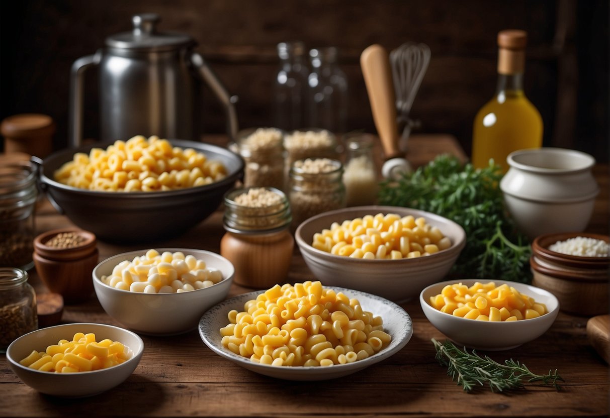 A rustic farm kitchen with various ingredients and utensils laid out for customization options for Mike's famous mac and cheese recipe