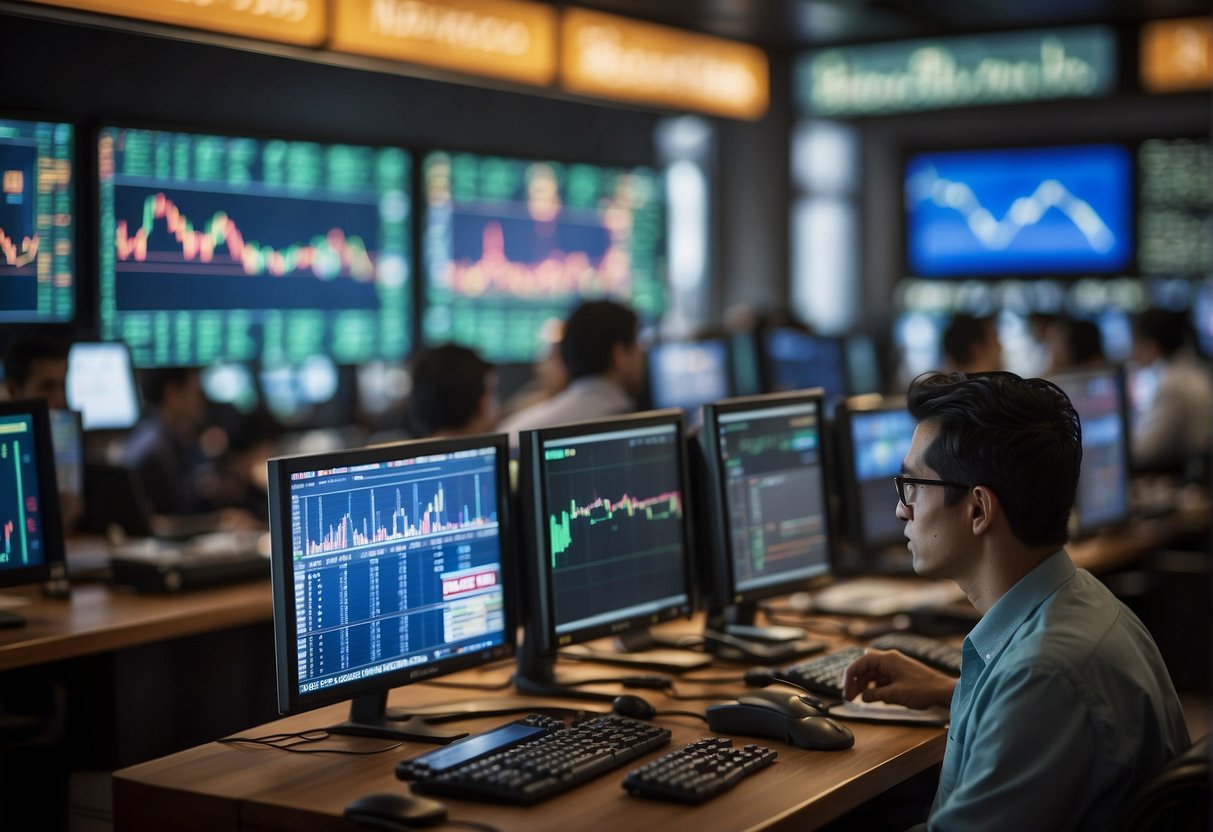 A bustling market with fluctuating graphs and indicators displayed on screens, showing market sentiment and timing opportunities