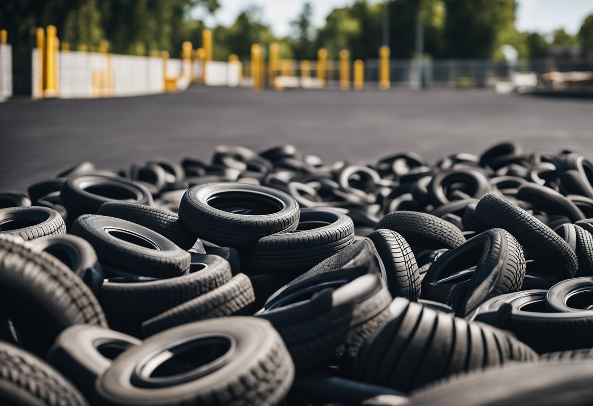 Tires being collected, shredded, and repurposed into playground surfaces and rubberized asphalt