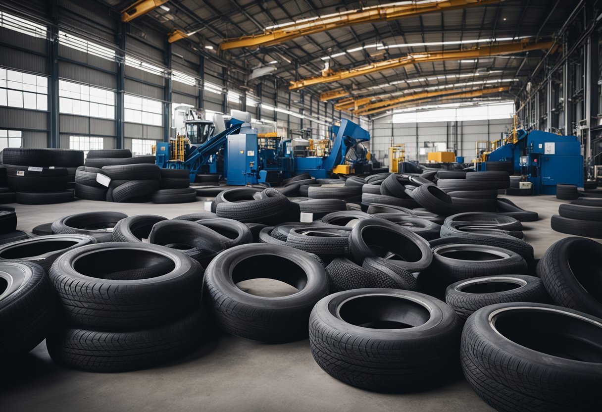 A state-of-the-art tire recycling facility with advanced machinery processing old tires into reusable materials, with a focus on environmental impact and sustainability and showing how to recycle tires.