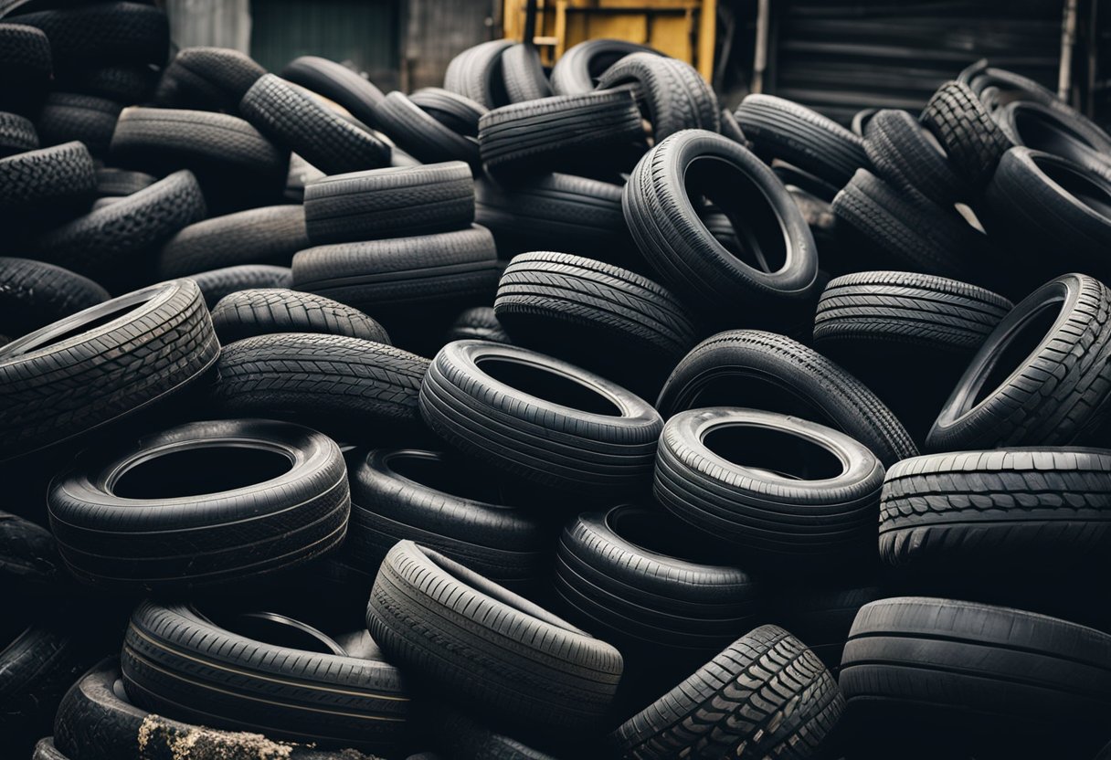 A pile of discarded tires being transformed into new products through recycling processes. Embracing how to recycle tires.