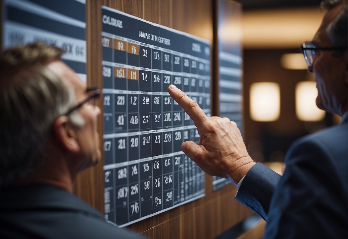 A person pointing at a calendar with market trends highlighted, while another person looks on with interest