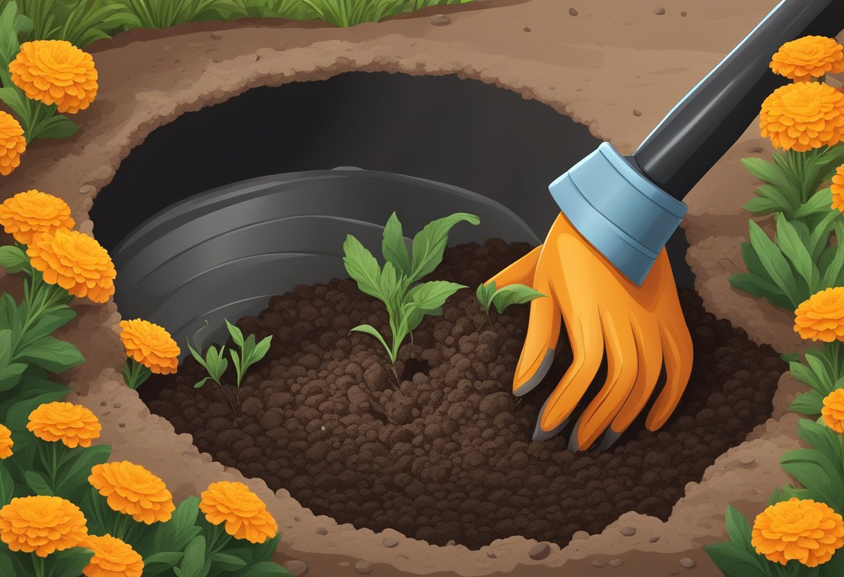 A hand trowel digs into soil. Marigold seeds drop into the hole. The soil is patted down. Water is poured over the freshly planted seeds