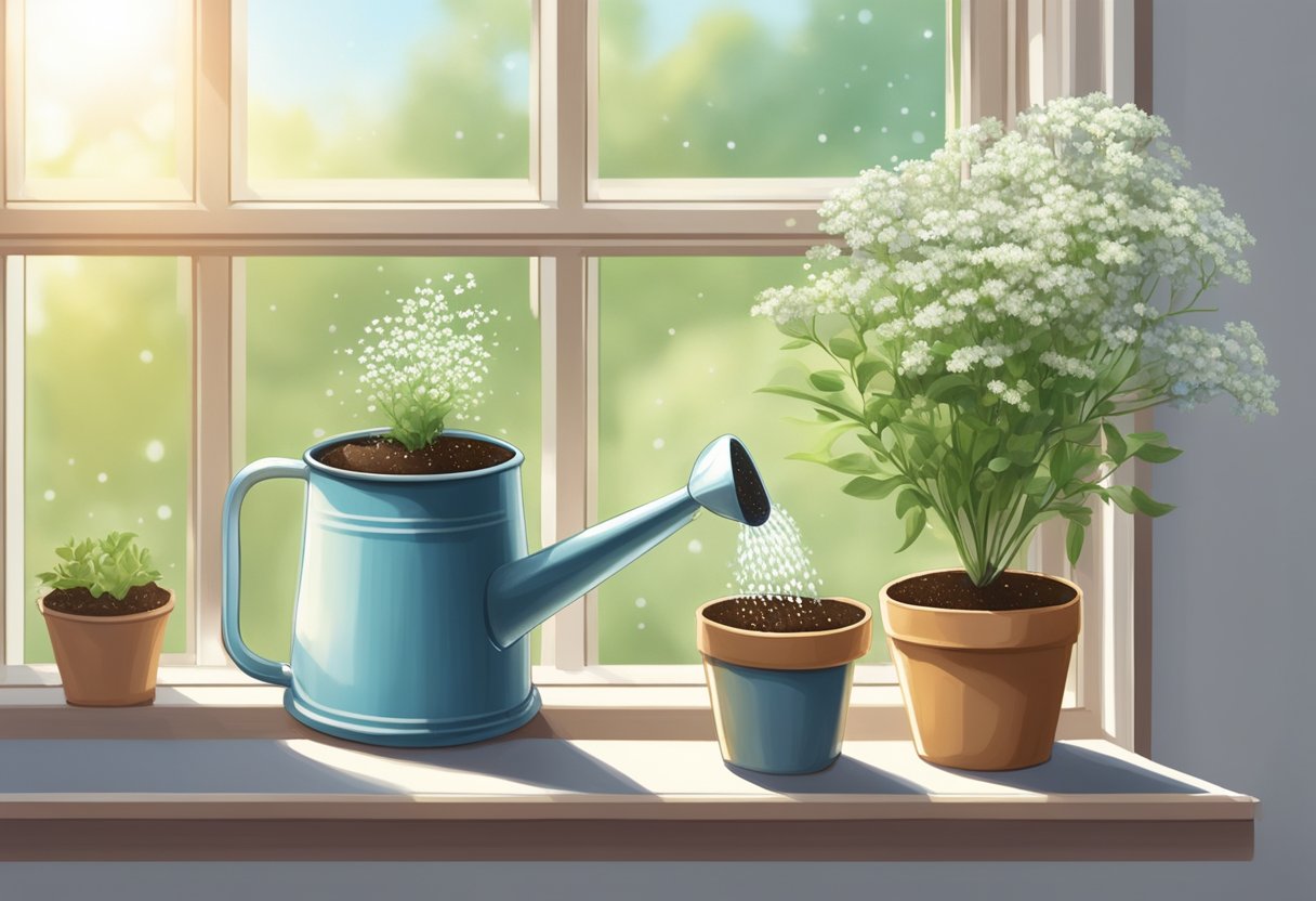 A small pot with moist soil, tiny baby's breath seeds being sprinkled on top, a gentle watering can showering the soil, and a sunny windowsill for the pot to sit and grow