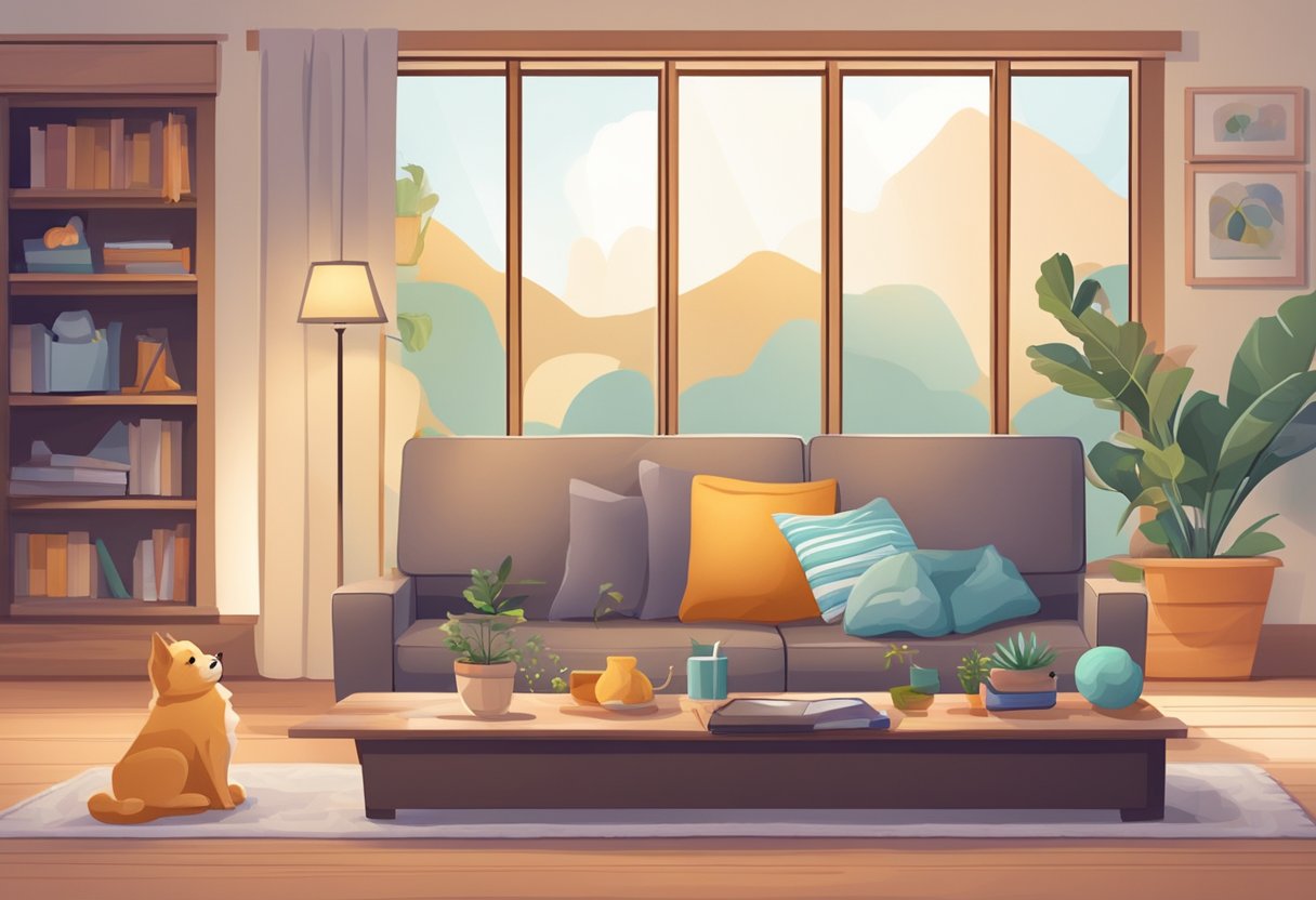 A cozy living room with a pet bed, soft blankets, and toys. A computer or tablet displaying an online pet hospice care website. A peaceful and comforting atmosphere