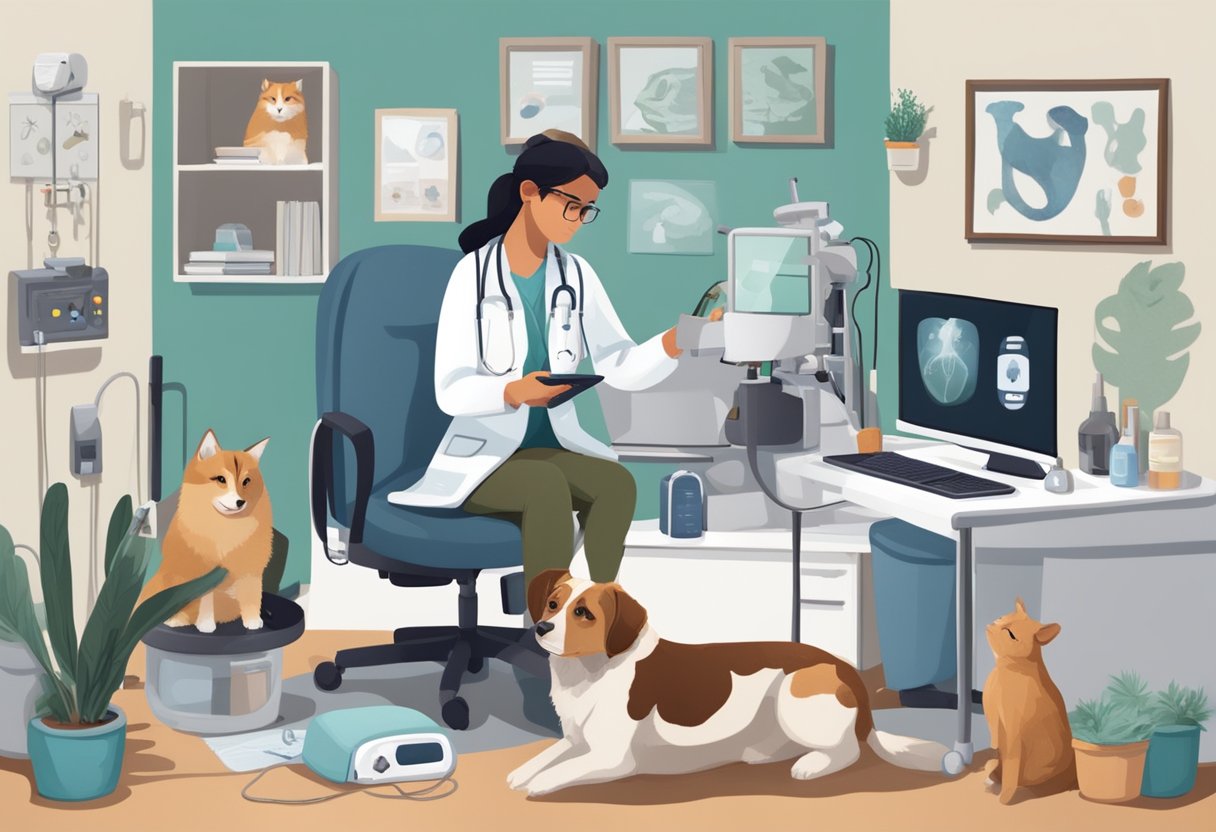 A veterinarian examining a sick pet via video call, surrounded by medical equipment and a comforting pet bed