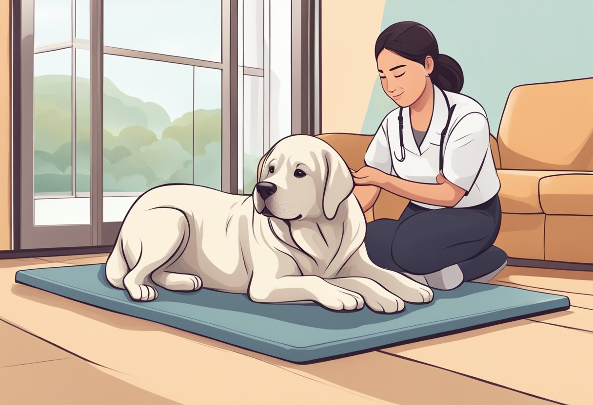 A dog lying on a comfortable surface, receiving gentle massage from a therapist. The therapist is using soothing motions to address the dog's health issues