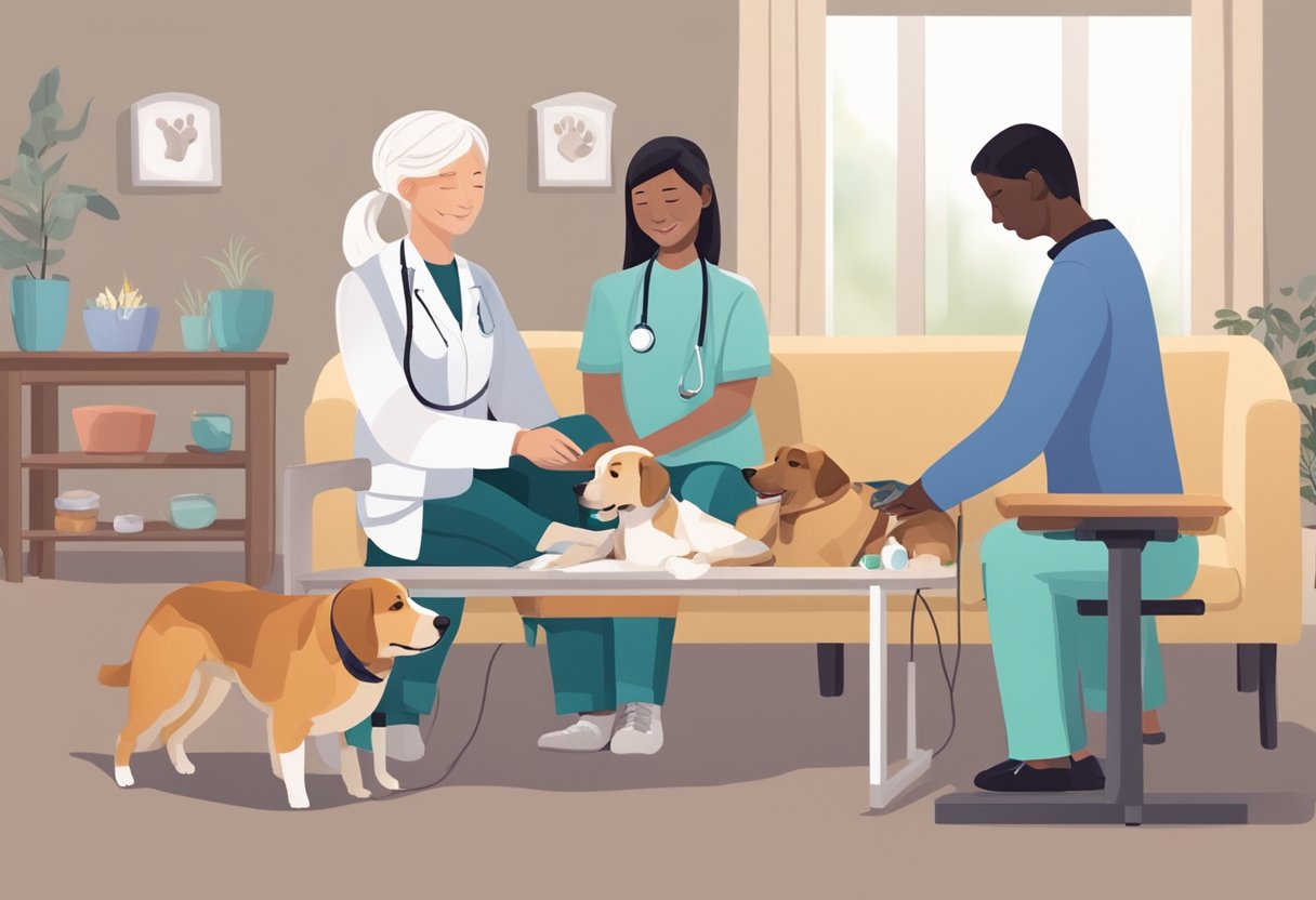 Pets receiving various treatments and therapies in an online pet hospice care setting, including medication administration, physical therapy, and emotional support