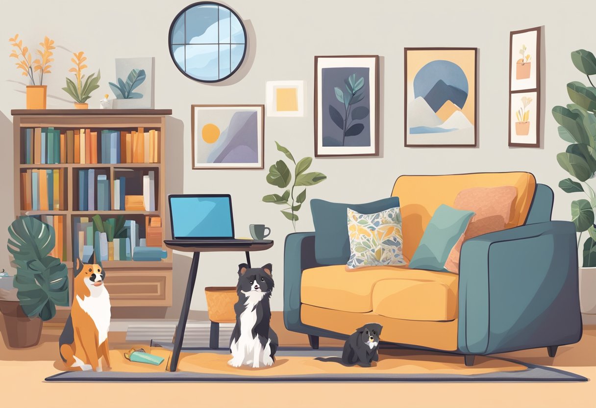 A cozy living room with a pet bed, comforting blankets, and a variety of pet care supplies. A laptop is open, displaying an online pet hospice care website