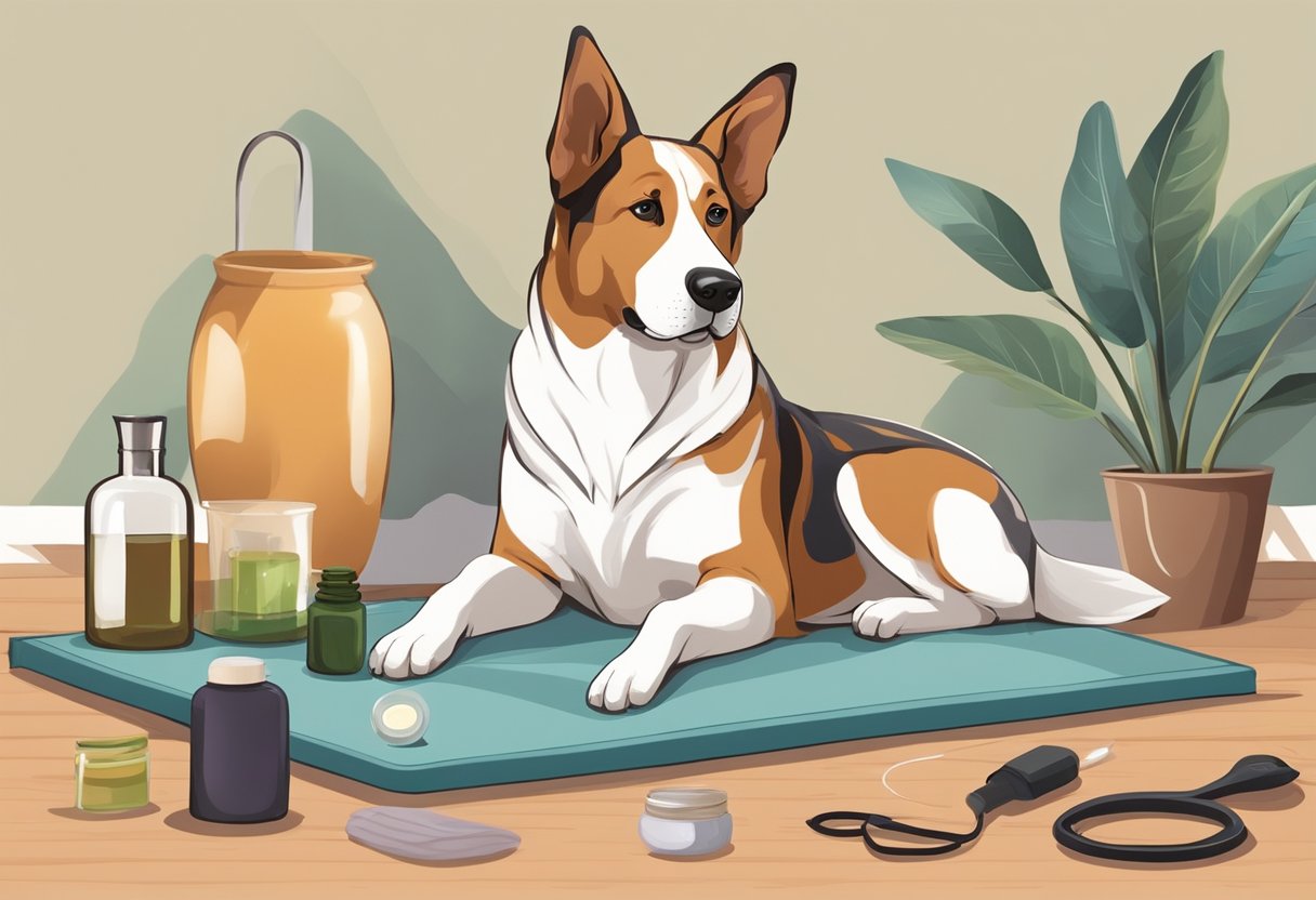 A dog lies on a comfortable mat, surrounded by calming essential oils and soft music. A pet massage therapist prepares their equipment and gently begins to apply specialized massage techniques to the dog's muscles