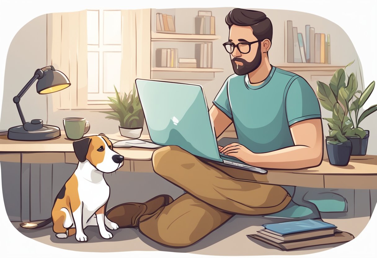 A pet owner sits at a computer, researching online pet hospice care. A beloved dog lies nearby, receiving comfort and attention