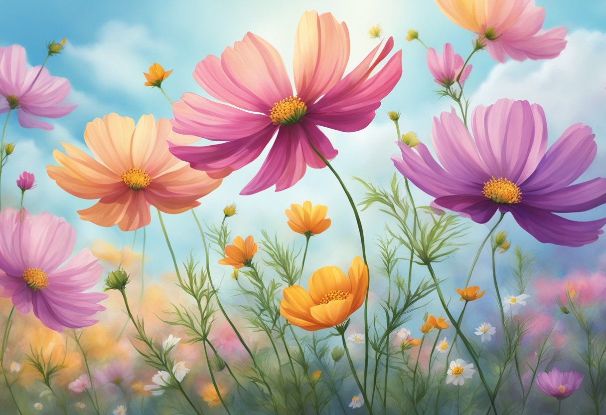 Cosmos flowers reach for the sky, growing tall with delicate petals in vibrant colors