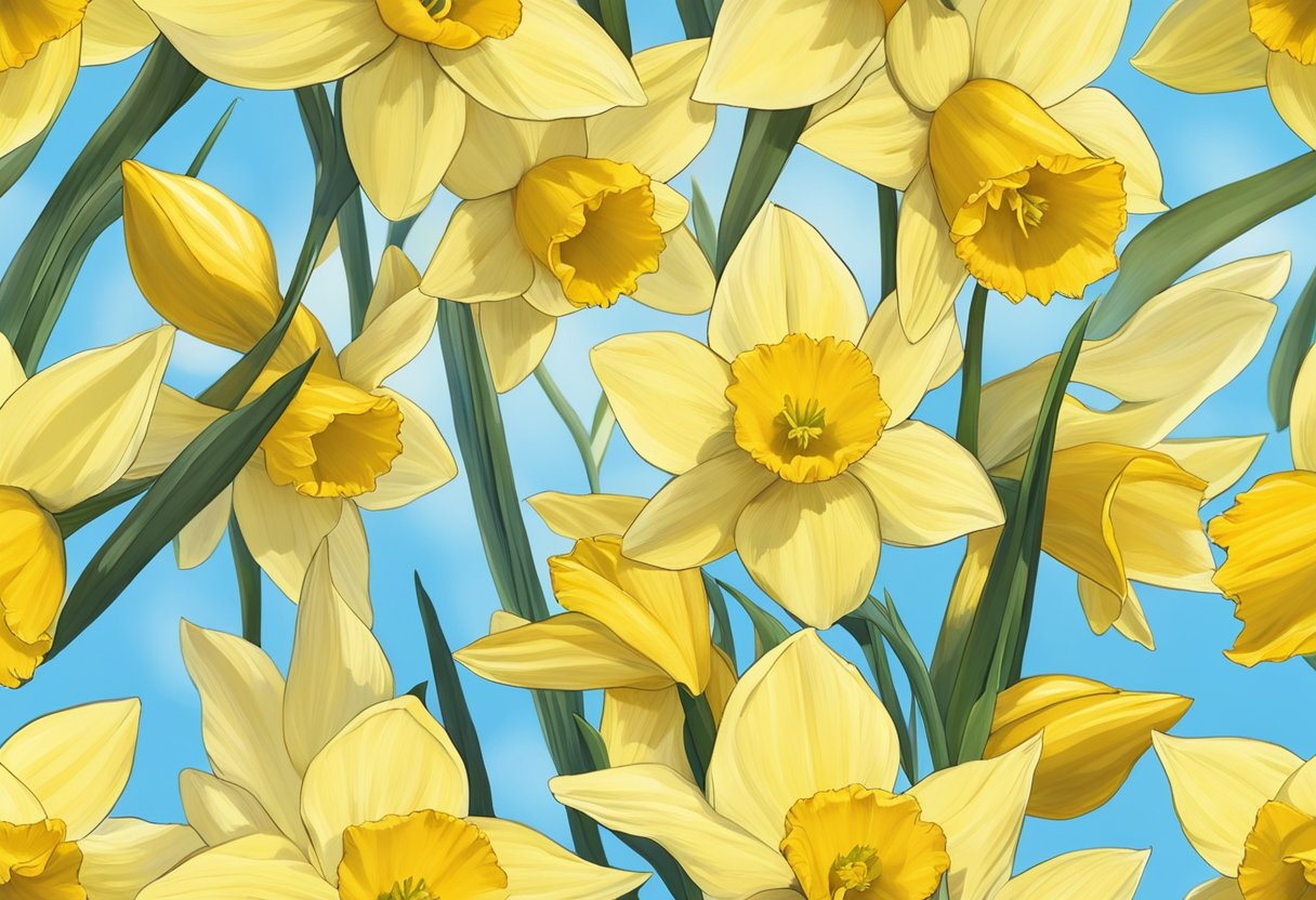 Bright yellow daffodils bask in full sunlight, their petals open and reaching towards the sky, soaking up the warmth and energy they need to thrive