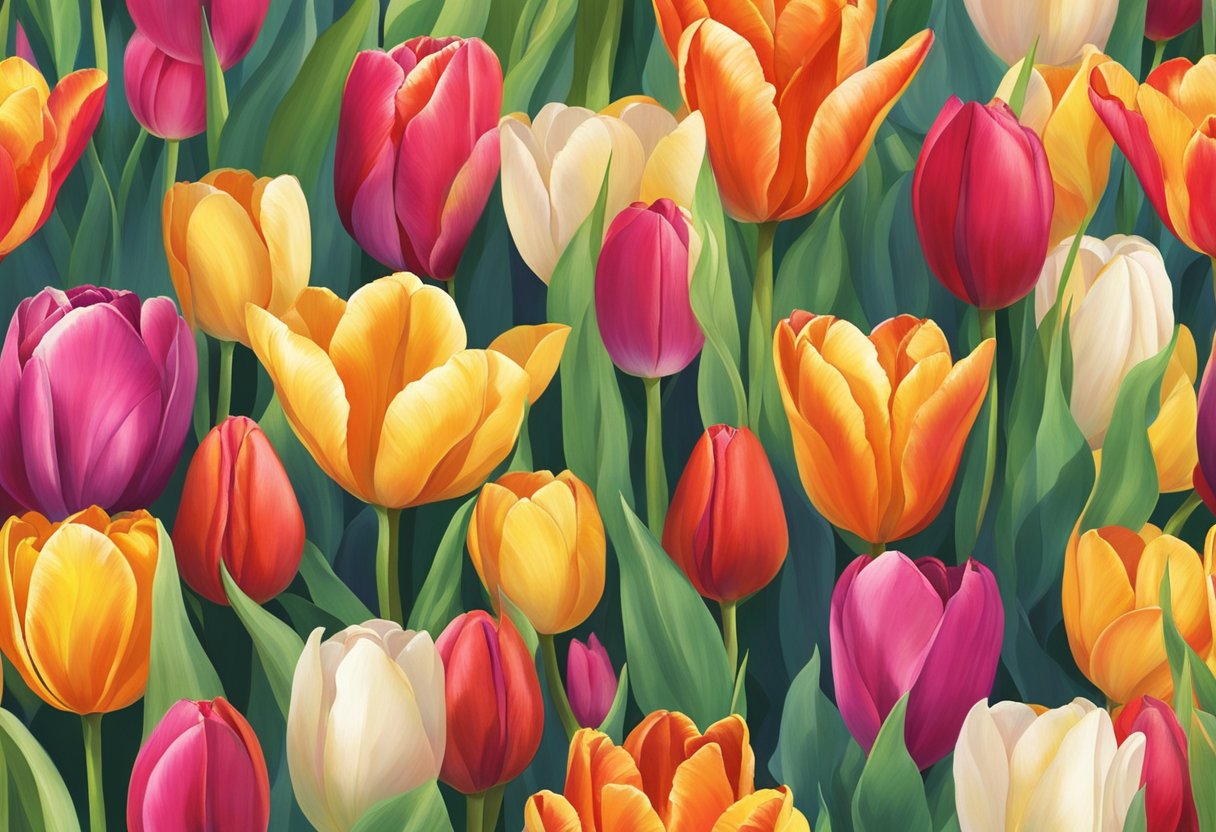 Tulips emerge from the soil, watered and nourished by the sun's rays, their vibrant colors revitalized