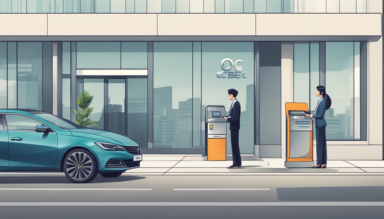 A sleek car parked in front of an OCBC bank branch, with a loan officer assisting a customer through the car loan application process