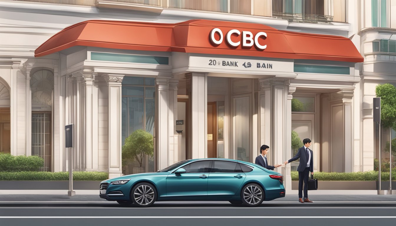 An elegant car parked in front of an OCBC bank branch, with a loan officer assisting a customer inside. The bank's logo prominently displayed on the building