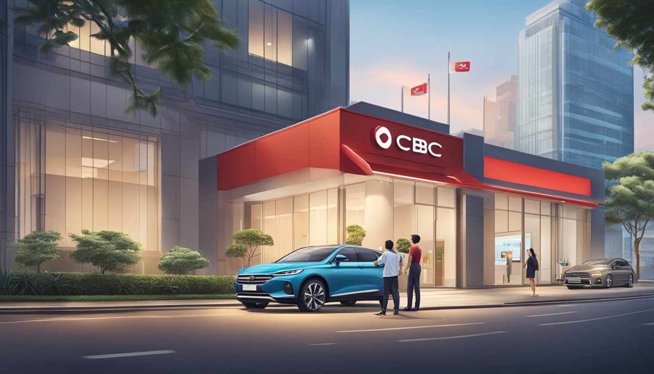 A sleek car parked in front of an OCBC bank branch, with a loan officer assisting a customer with paperwork. The bank's logo prominently displayed on the building