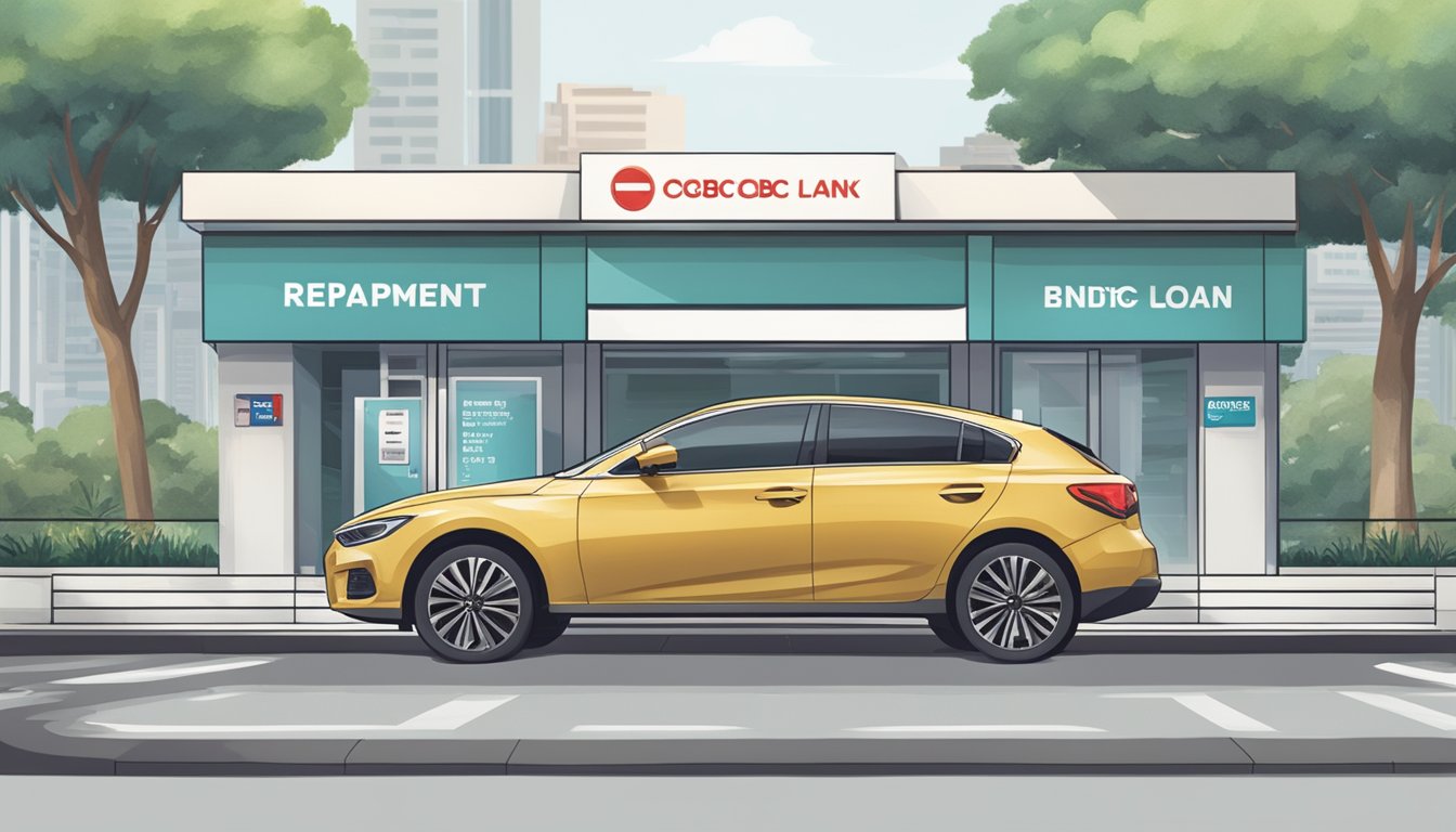 A car parked in front of a bank with a sign displaying "Repayment and Penalties OCBC Car Loan: Singapore Review" prominently