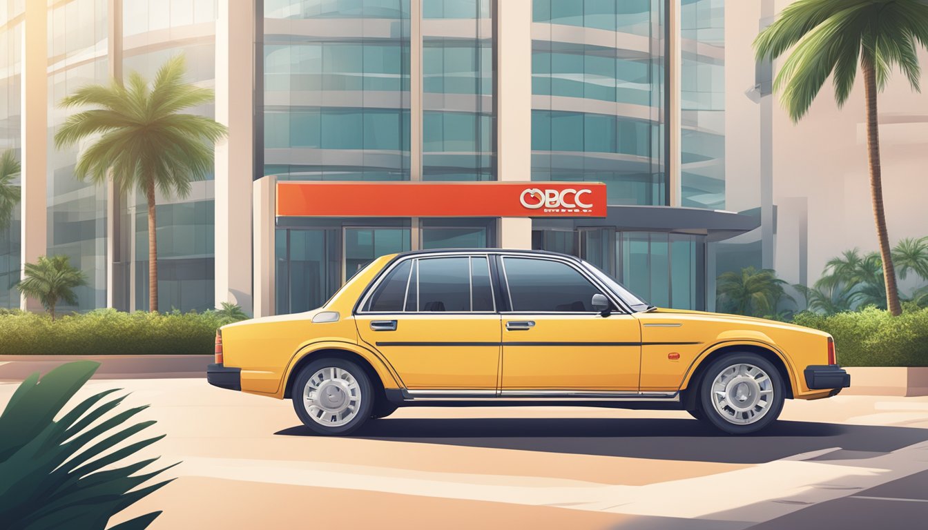 A car parked in front of a modern bank building, with the OCBC logo prominently displayed. The sun is shining, and there are palm trees in the background