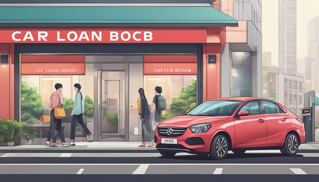 A sleek car parked in front of an OCBC branch, with a sign displaying "Car Loan: Singapore Review". The branch is bustling with customers entering and exiting