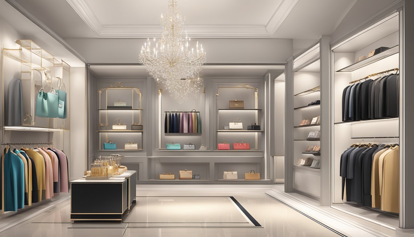 A lavish display of designer goods in a high-end boutique, featuring sleek packaging and elegant logos