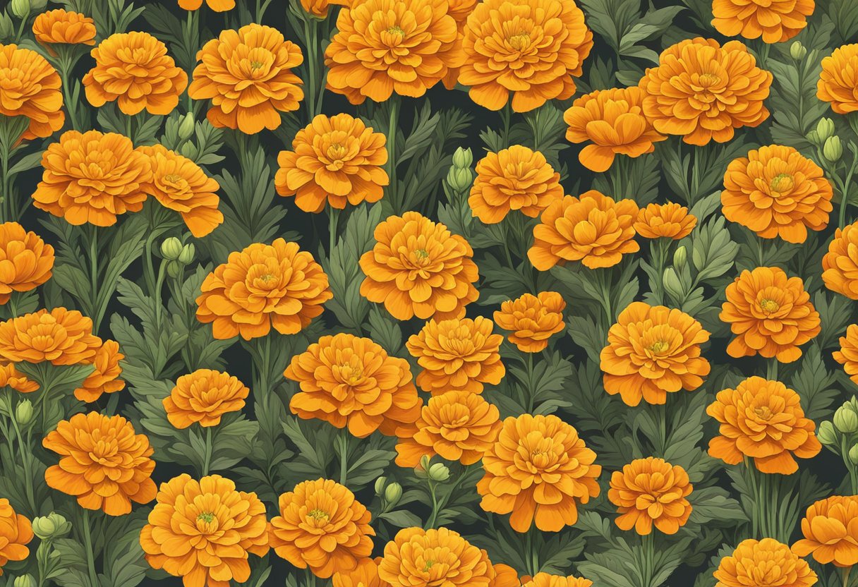 Marigolds reach up to 12-36 inches in height, with bright orange and yellow blooms