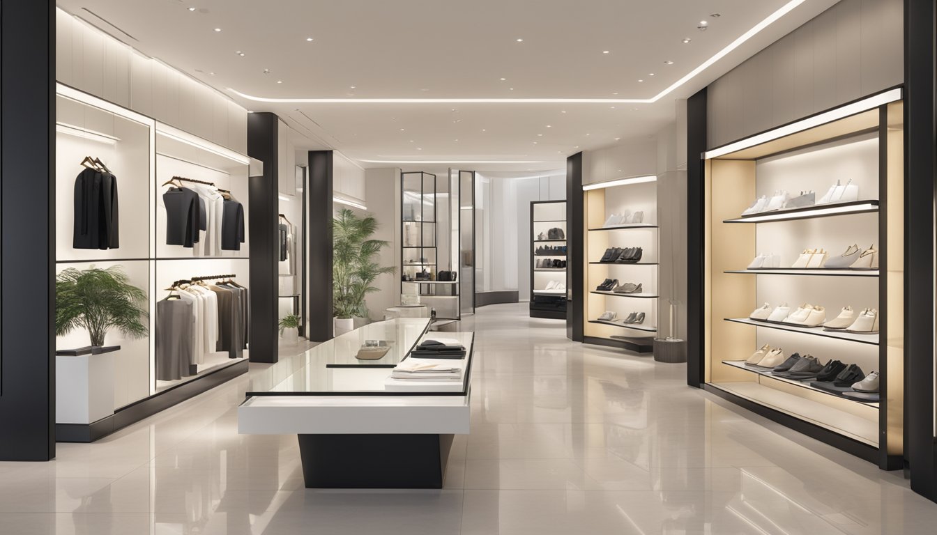 Luxury brands displayed in a sleek, modern showroom with elegant lighting and minimalist decor. Customers engage with products, while marketing materials are strategically placed for maximum impact