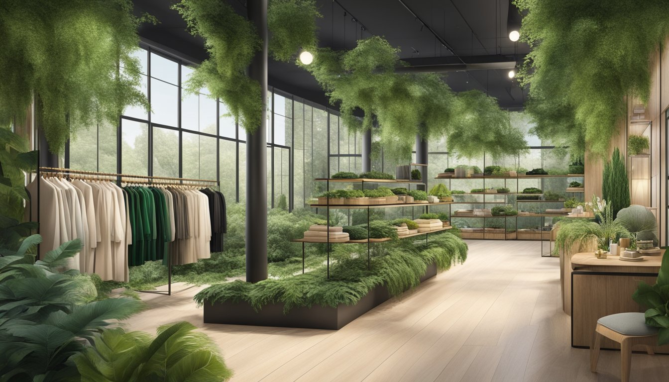 A lush green forest with a flowing river, surrounded by ethically sourced materials and sustainable fashion luxury brands showcased in a modern, eco-friendly store