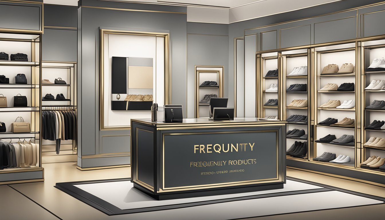 A display of luxury brand products with a "Frequently Asked Questions" sign nearby