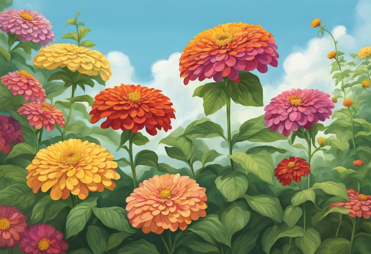 Zinnias reach upwards, stretching their vibrant petals towards the sky, towering over the surrounding foliage with their impressive height