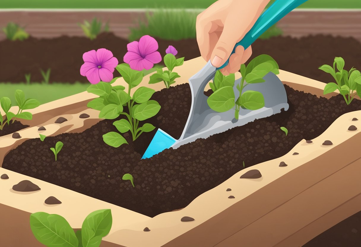 A hand trowel digs into soil. Petunia seedlings are carefully placed into the ground. A watering can pours water over the newly planted flowers