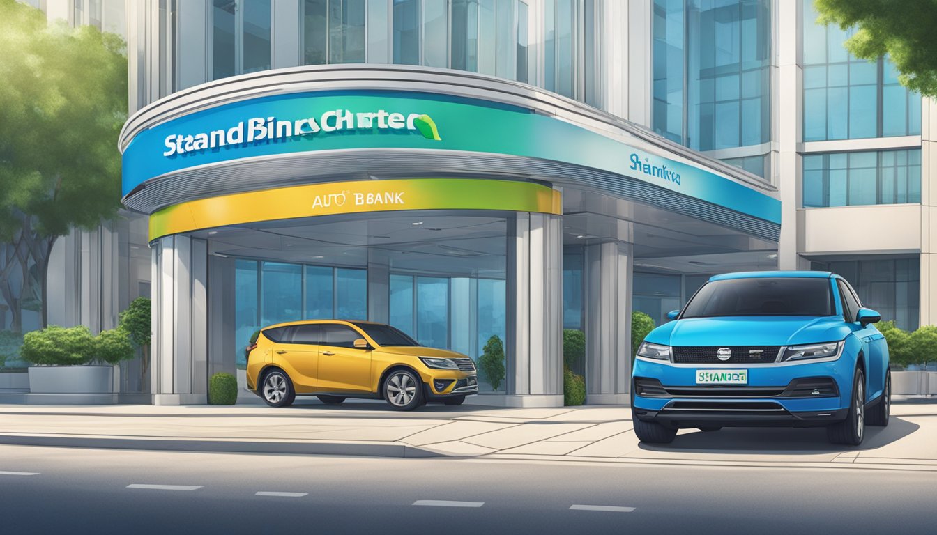 A sleek car parked in front of a Standard Chartered bank branch, with a sign displaying "Auto Financing" in bold letters. The bank's logo is prominently featured on the building facade