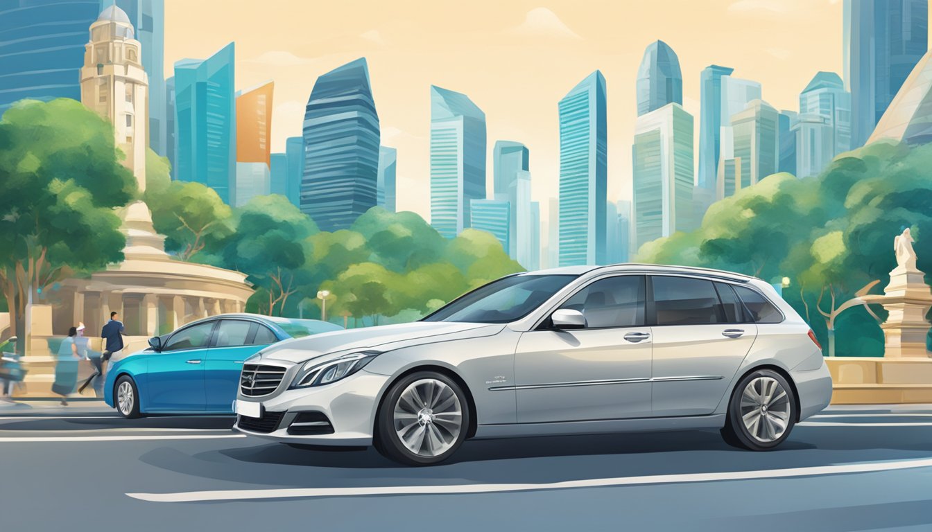 A sleek car drives through the city, passing by iconic Singapore landmarks. A Standard Chartered logo is prominently displayed on the vehicle, highlighting the benefits of their auto financing