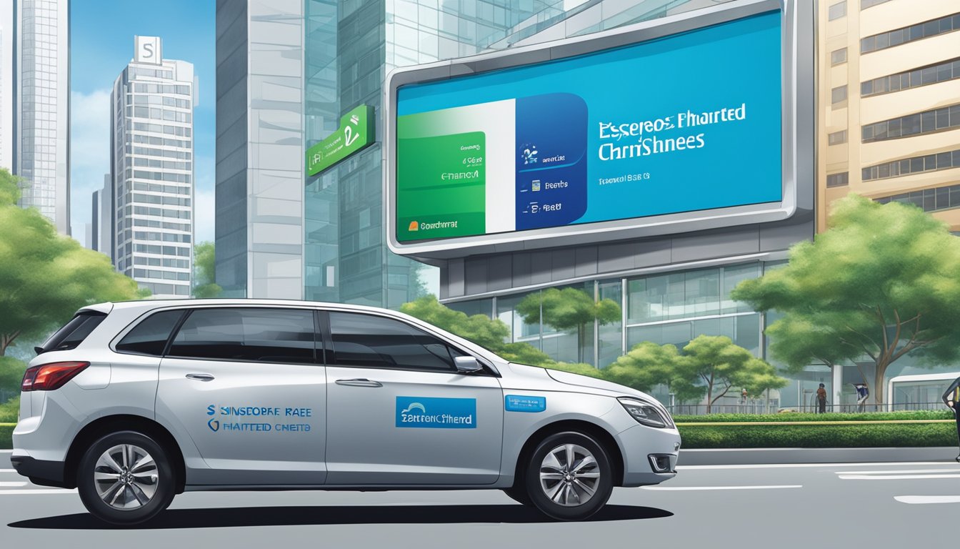A sleek car drives past a Standard Chartered branch, with interest rates and fees displayed prominently on a billboard. The Singapore skyline looms in the background