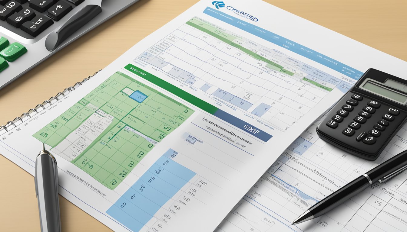 A calculator and a financial statement are laid out on a desk, with a pen ready to make calculations. The Standard Chartered logo is visible on the documents