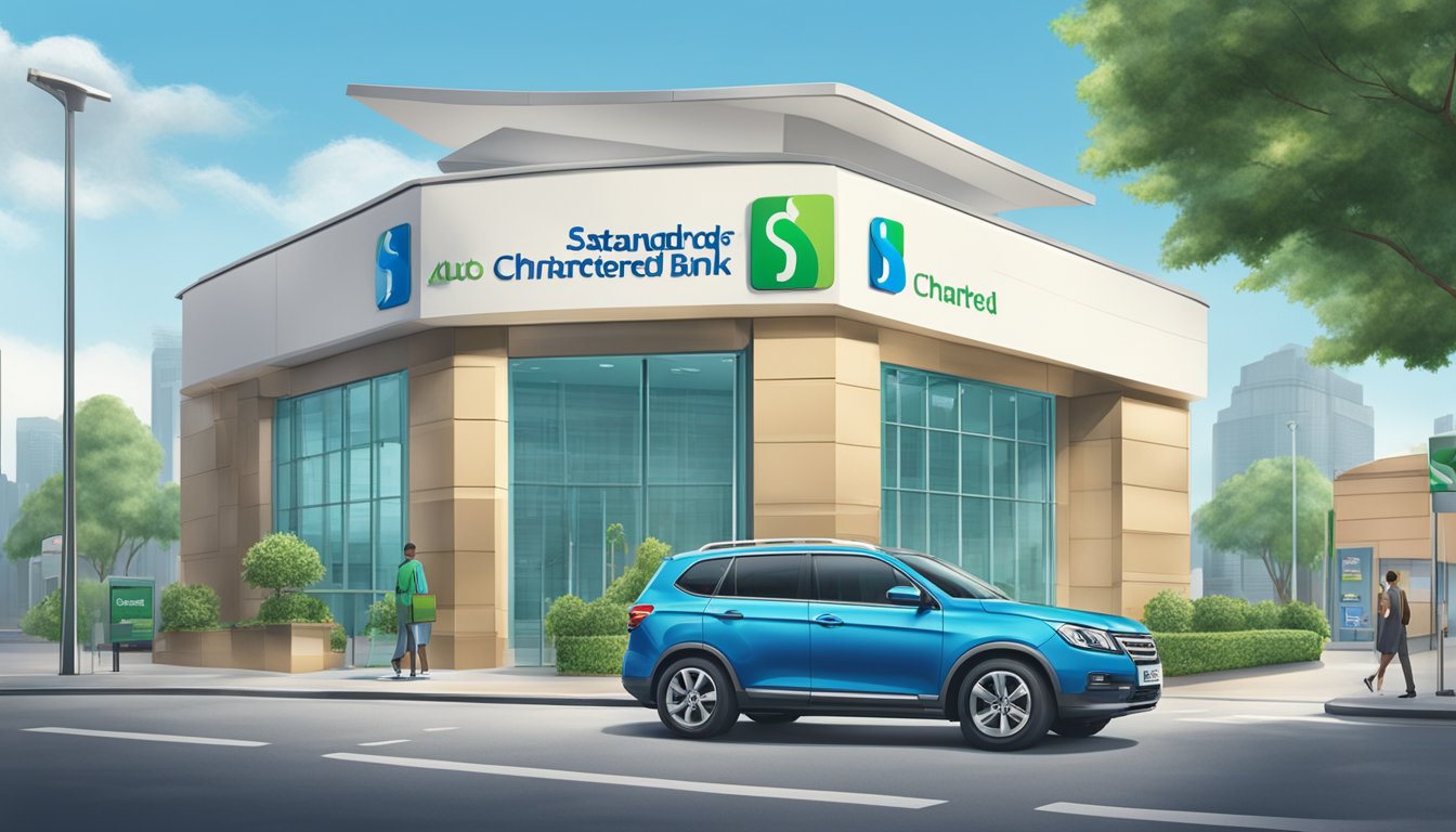 A car parked in front of a Standard Chartered bank branch, with a sign advertising auto financing services. The bank's logo is prominently displayed on the building