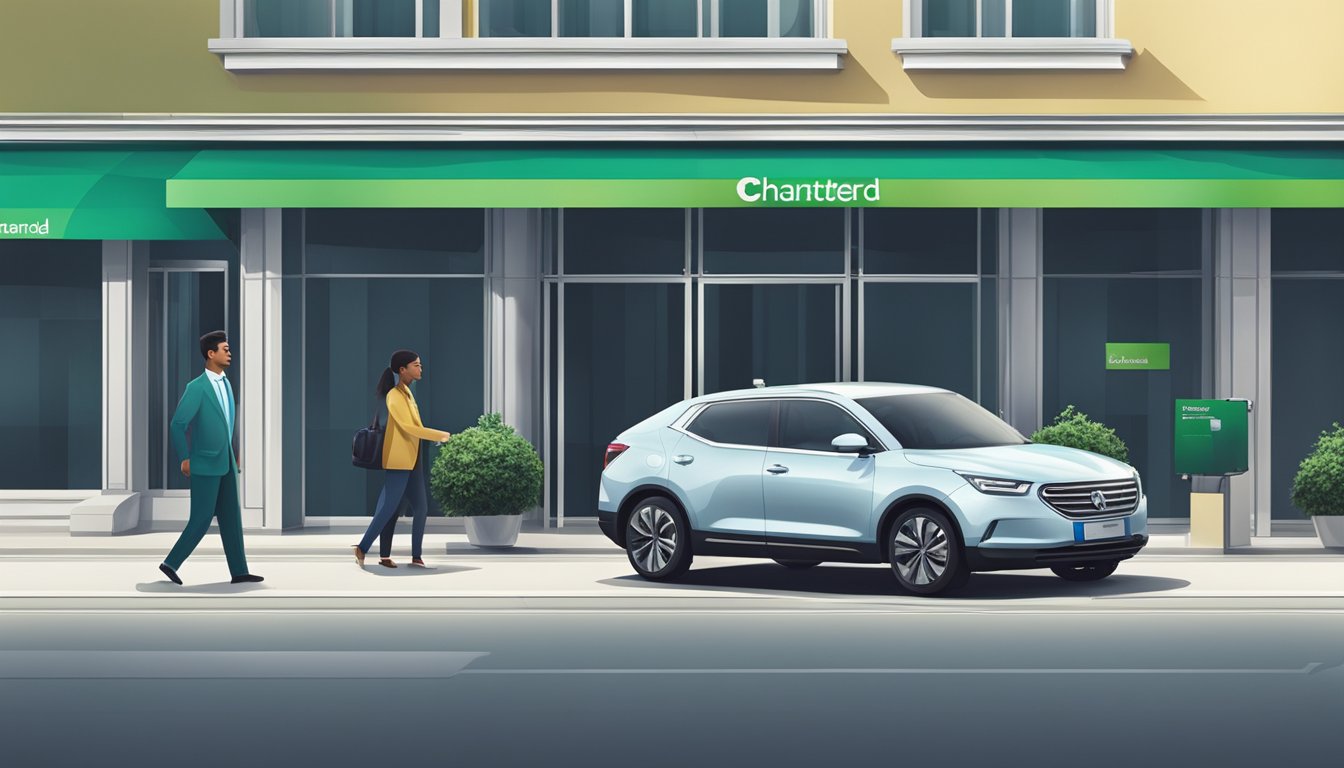 A sleek, modern car parked in front of a Standard Chartered bank branch, with a representative assisting a customer with auto financing paperwork
