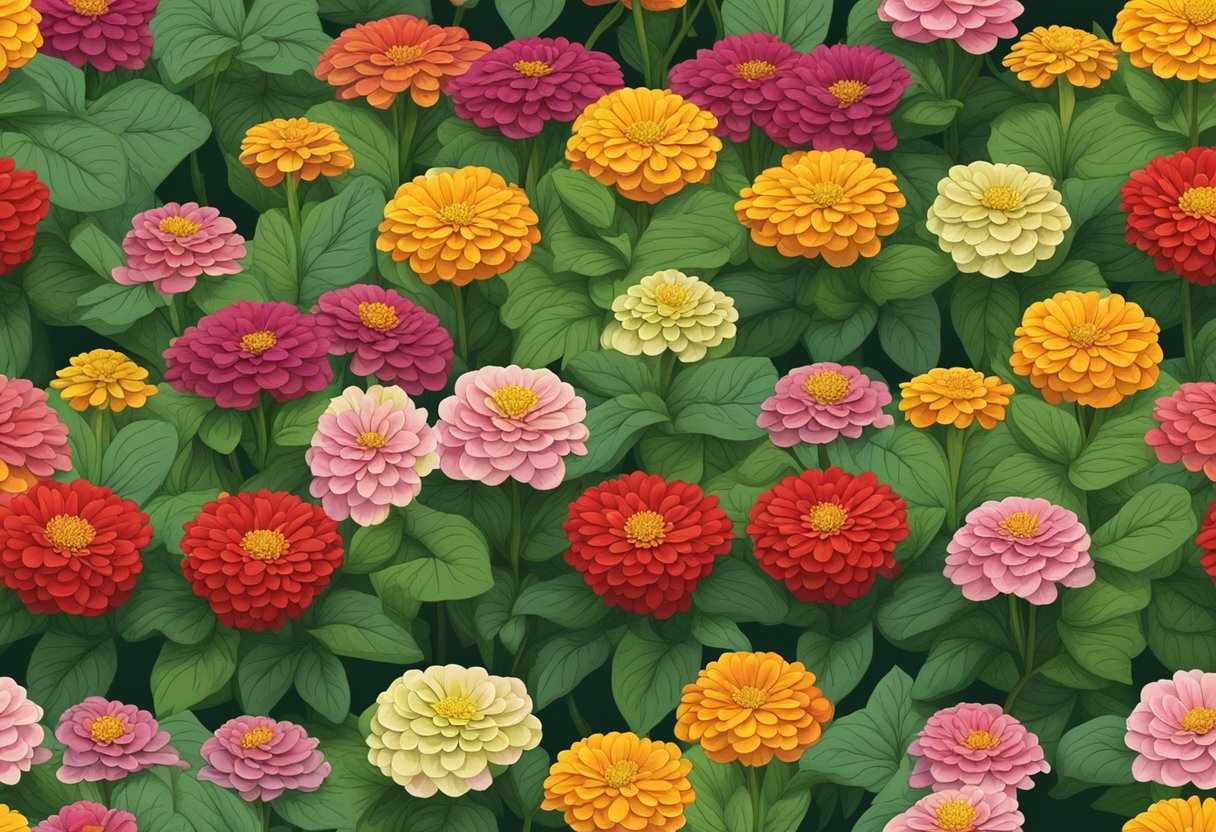 Zinnias bloom in 6-8 weeks. A garden bed with young zinnia plants, varying heights & colors, surrounded by lush foliage